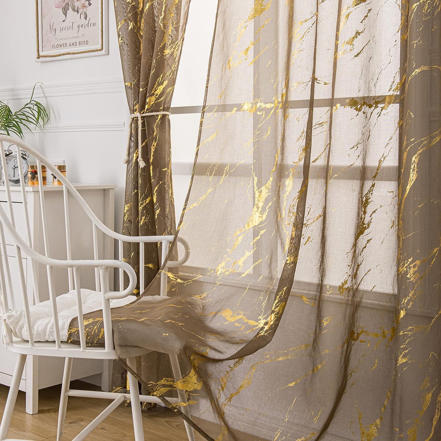 Sutuo Home Marble White Sheer Curtains 84 Inch Length, Gold Foil Print Metallic Bronzing, Privacy Window Treatment Decor Abstract Drape Pair 2 Panels Set for Bedroom Kitchen Living Room 52" W X 84" L  Sutuo Home Gold And Taupe 52" W X 96" L, 2 Panels 