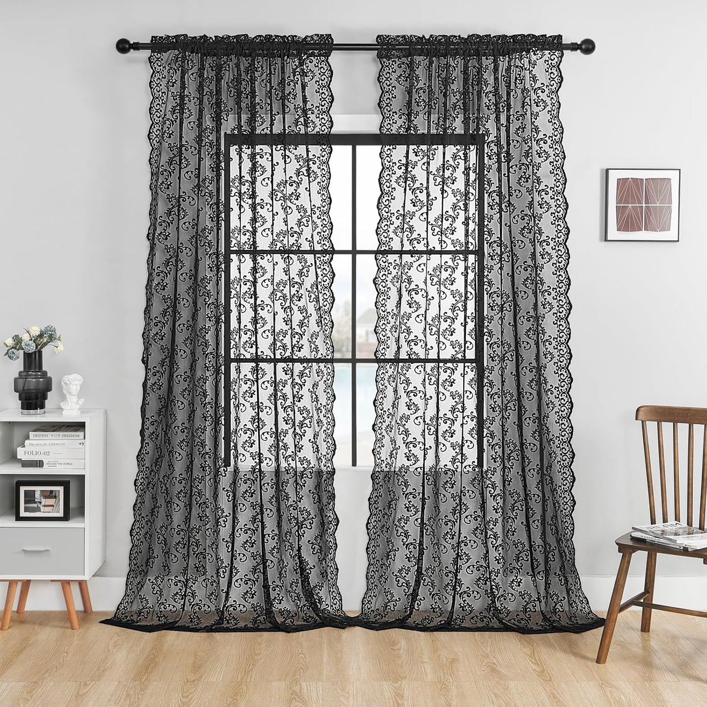 Blush Pink Lace Curtains 84 Inches Long 2 Panels Vintage French Floral Sheer Curtains for Living Room Bedroom Victorian Paisley Drapes Rod Pocket Light Filtering Crochet Window Decor, 52X84  FOLKSIDE Black W52''Xl96'' 