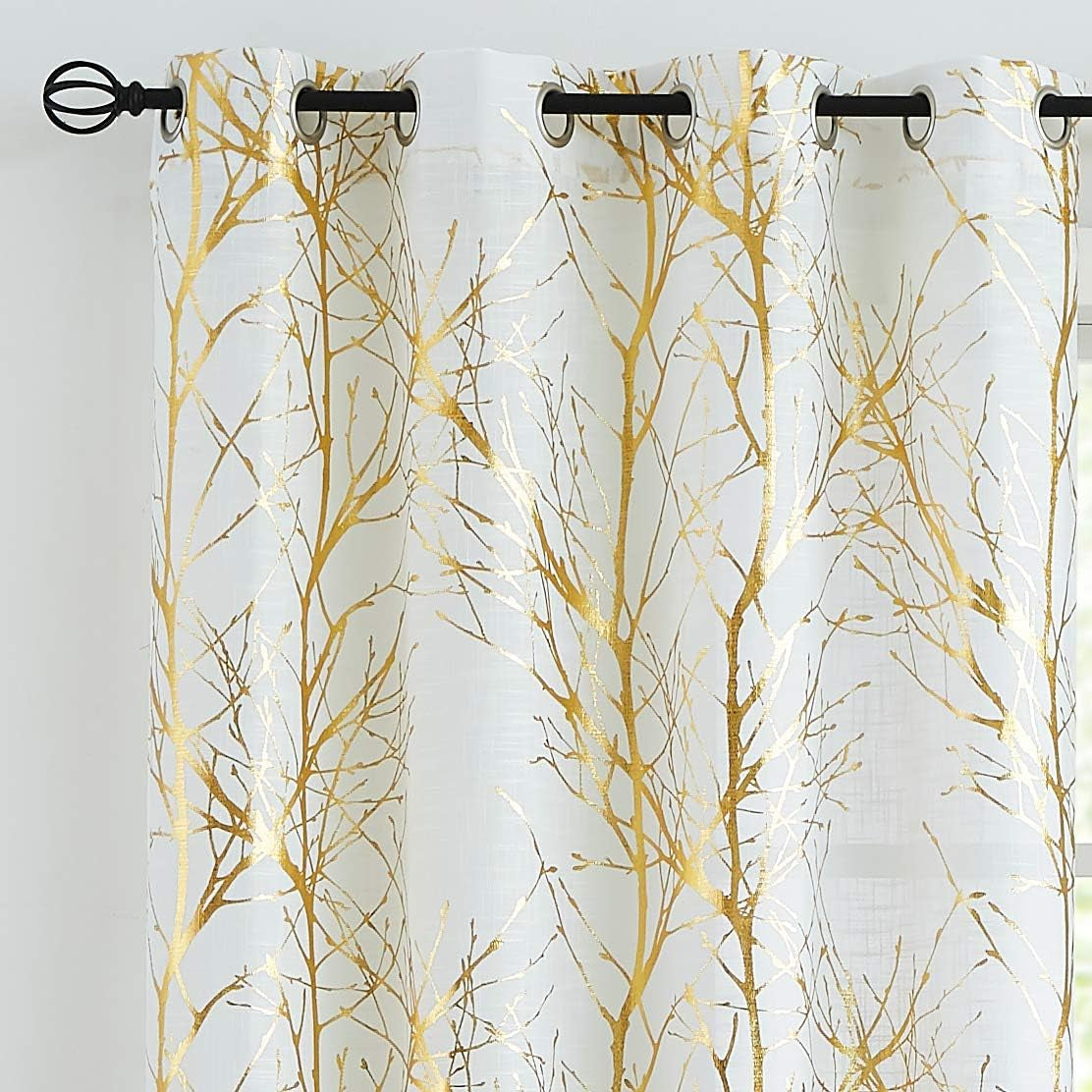 FMFUNCTEX Blue White Curtains for Kitchen Living Room 72“ Grey Tree Branches Print Curtain Set for Small Windows Linen Textured Semi-Sheer Drapes for Bedroom Grommet Top, 2 Panels  Fmfunctex Semi-Sheer: White + Foil Gold 50" X 54" |2Pcs 