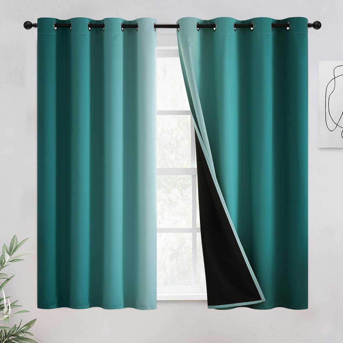 COSVIYA 100% Blackout Curtains & Drapes Ombre Purple Curtains 63 Inch Length 2 Panels,Full Room Darkening Grommet Gradient Insulated Thermal Window Curtains for Bedroom/Living Room,52X63 Inches  COSVIYA Teal To Greyish White 52W X 54L 