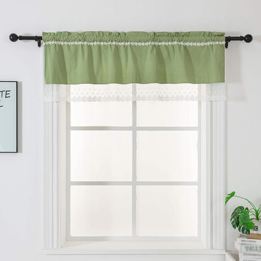 Green Window Valance Curtains with Lace, Rod Pocket Curtains for Livingroom Kitchen,Window Treatment Valance, 58X19 Inches,1 Panel