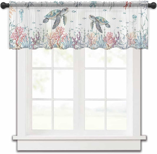 Oecan Sea Turtle Valance Curtains for Kitchen/Living Room/Bathroom/Bedroom Window,Rod Pocket Small Topper Half Short Window Curtains Voile Sheer Scarf, Coral Seaweed Blue White Watercolor 42"X12"