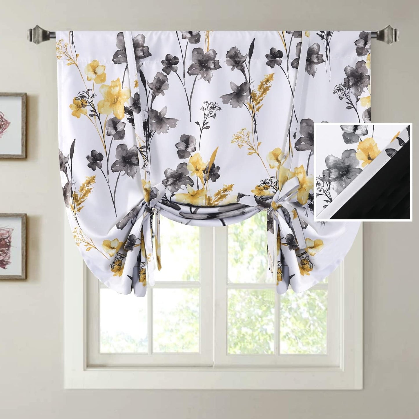 H.VERSAILTEX 100% Blackout Tie up Curtains for Bedroom Thermal Insulated Kitchen Curtains 45 Inches Long Rod Pocket Blackout Curtains for Small Window / Bathroom with Black Liner, White 42"W X 45"L  H.VERSAILTEX Cattleya In Grey/Yellow 42"W X 45"L 