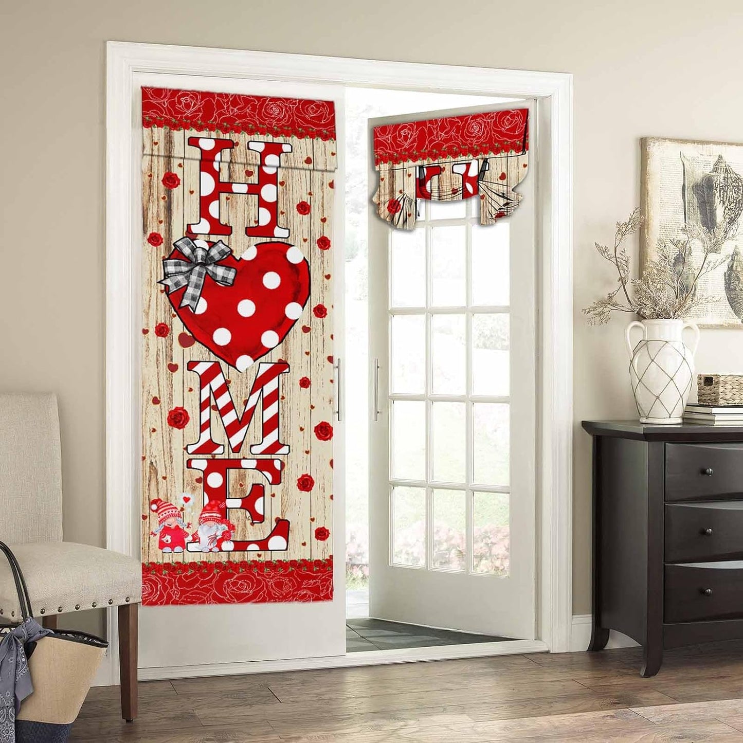 BEMIGO Door Curtains for Door Windows, Vintage Wooden Door Window Curtains for French Glass Door, Privacy Thermal Insulated Tie up Door Shades, Farmhouse Colorful Small Window Curtains 26 X 42 Inch  BEMIGO Red Valentine 70.00" X 26.00" 