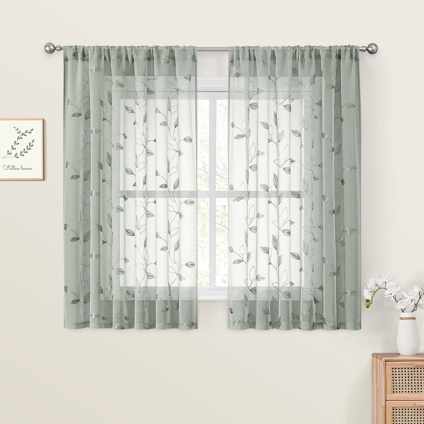 HOMEIDEAS Sage Green Sheer Curtains 52 X 63 Inches Length 2 Panels Embroidered Leaf Pattern Pocket Faux Linen Floral Semi Sheer Voile Window Curtains/Drapes for Bedroom Living Room  HOMEIDEAS 1-Sage Green W52" X L54" 