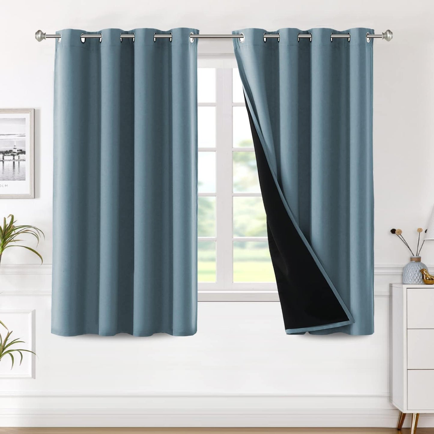 H.VERSAILTEX Blackout Curtains with Liner Backing, Thermal Insulated Curtains for Living Room, Noise Reducing Drapes, White, 52 Inches Wide X 96 Inches Long per Panel, Set of 2 Panels  H.VERSAILTEX Stone Blue 52"W X 63"L 