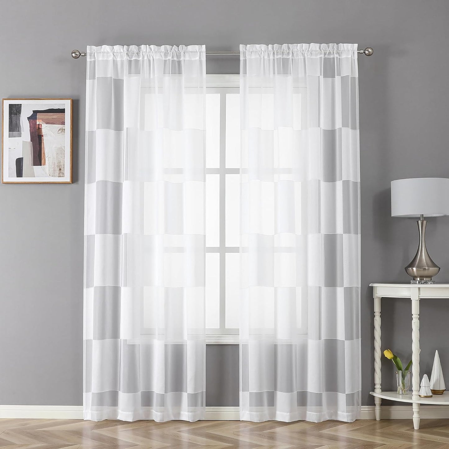 OVZME Sage Green Sheer Bedroom Curtains 84 Inch Length 2 Panels Set, Dual Rod Pocket Clip Checkered Window Curtains for Living Room, Light Filtering & Privacy Sheer Green Drapes, Each 42W X 84L  OVZME White 42W X 84L 