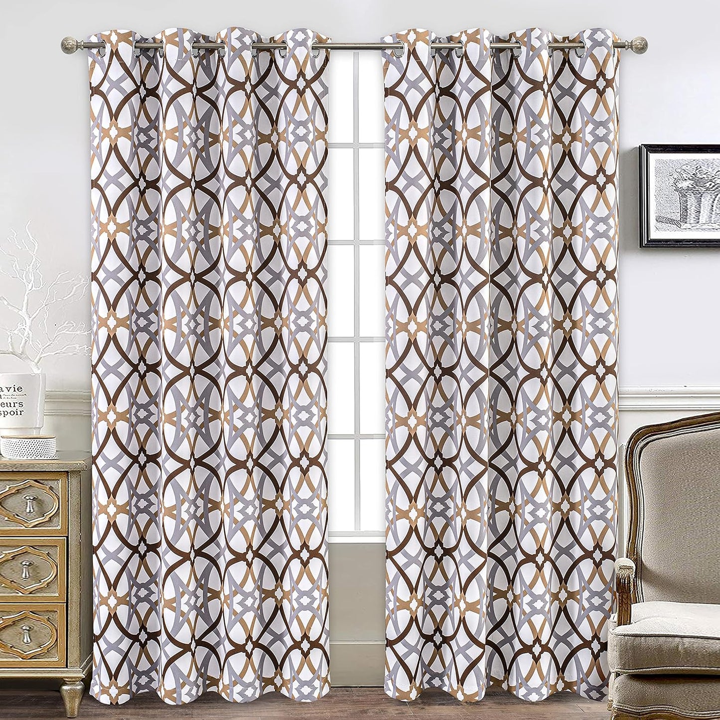 Driftaway Alexander Thermal Blackout Grommet Unlined Window Curtains Spiral Geo Trellis Pattern Set of 2 Panels Each Size 52 Inch by 84 Inch Red and Gray  DriftAway Brown 52"X84" 