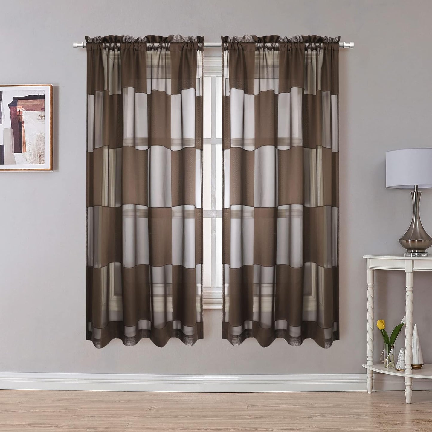 OVZME Sage Green Sheer Bedroom Curtains 84 Inch Length 2 Panels Set, Dual Rod Pocket Clip Checkered Window Curtains for Living Room, Light Filtering & Privacy Sheer Green Drapes, Each 42W X 84L  OVZME Brown 42W X 63L 