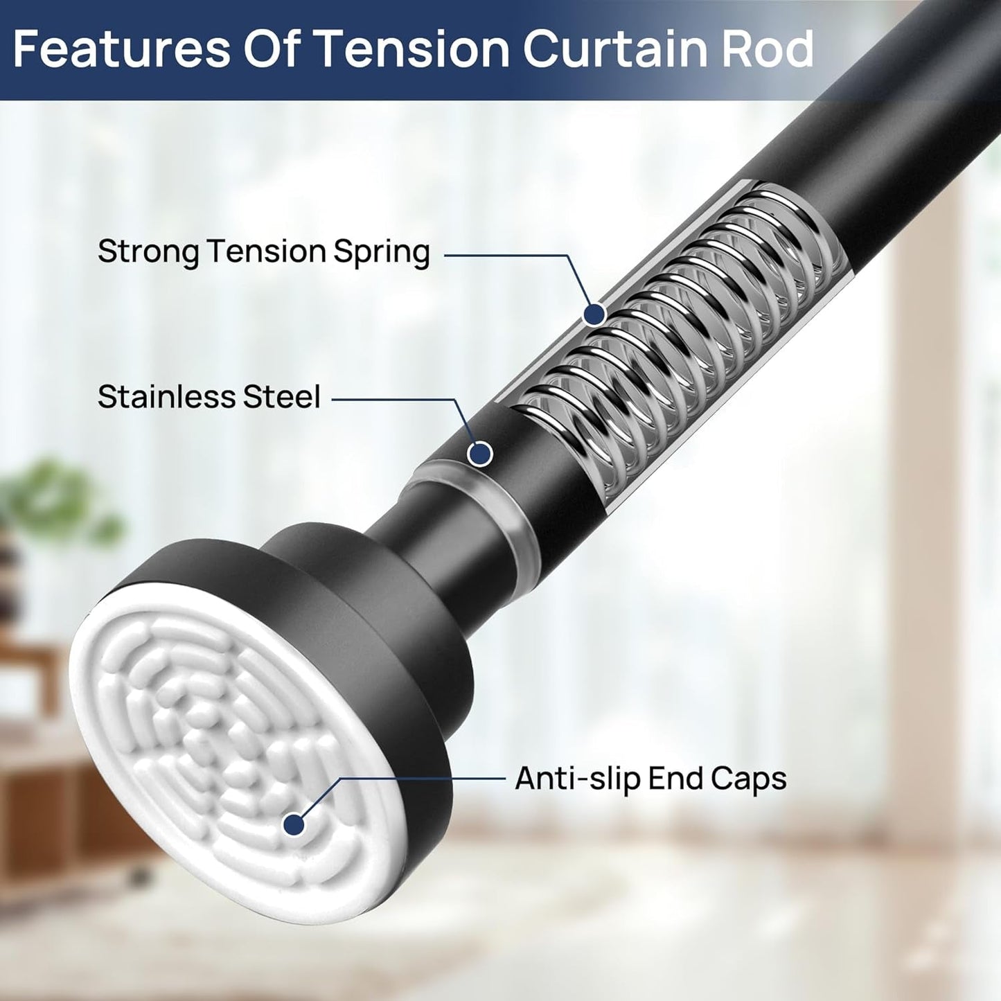 ENJOYBASICS Adjustable Spring Tension Curtain Rod 32 to 66 Inches, Stainless Steel Matte Black Shower Rod No Drilling, 7/8" Tension Rod for Window, Bathroom, Closet, Room Divider, 1 Pack