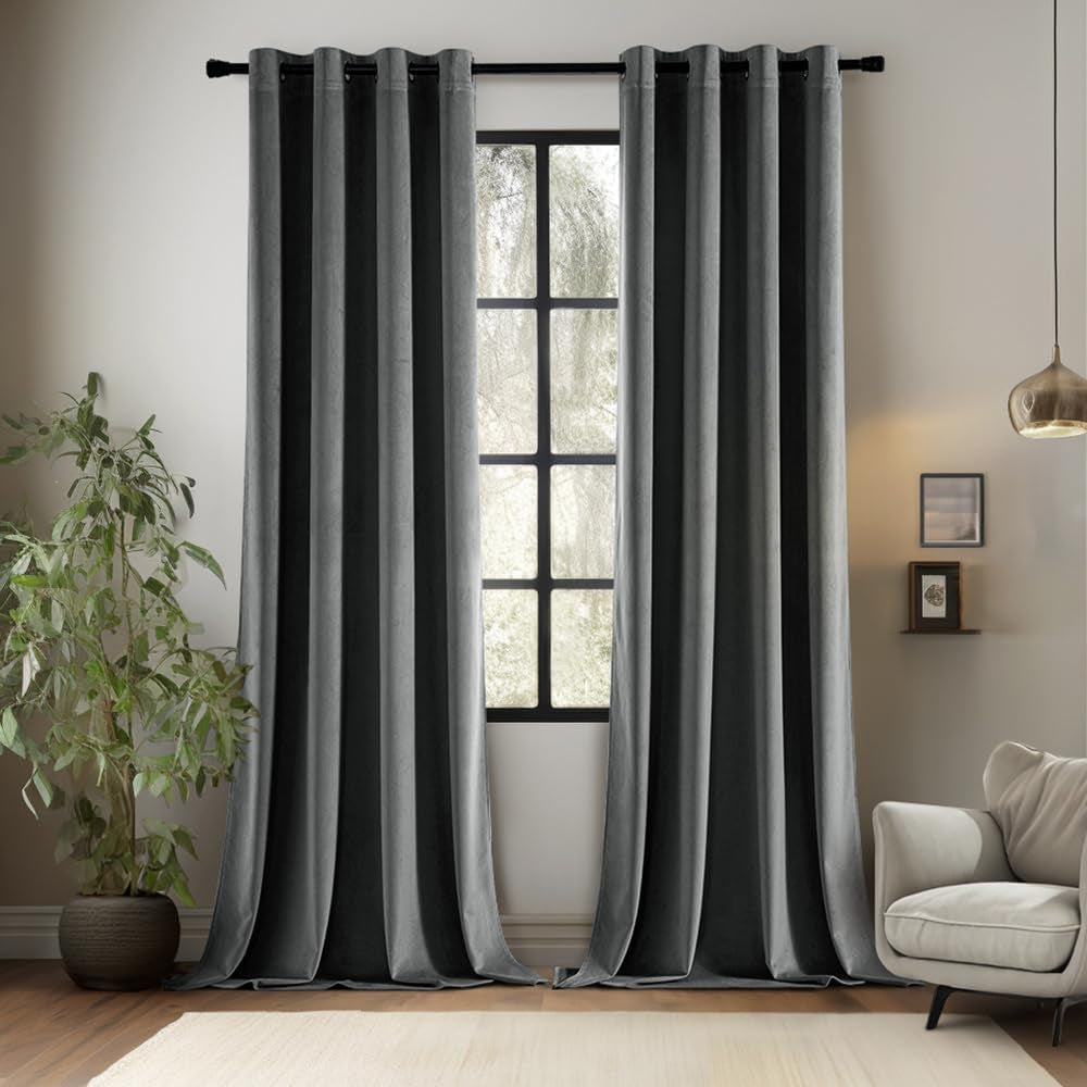 EMEMA Olive Green Velvet Curtains 84 Inch Length 2 Panels Set, Room Darkening Luxury Curtains, Grommet Thermal Insulated Drapes, Window Curtains for Living Room, W52 X L84, Olive Green  EMEMA Velvet/ Grey W52" X L96" 