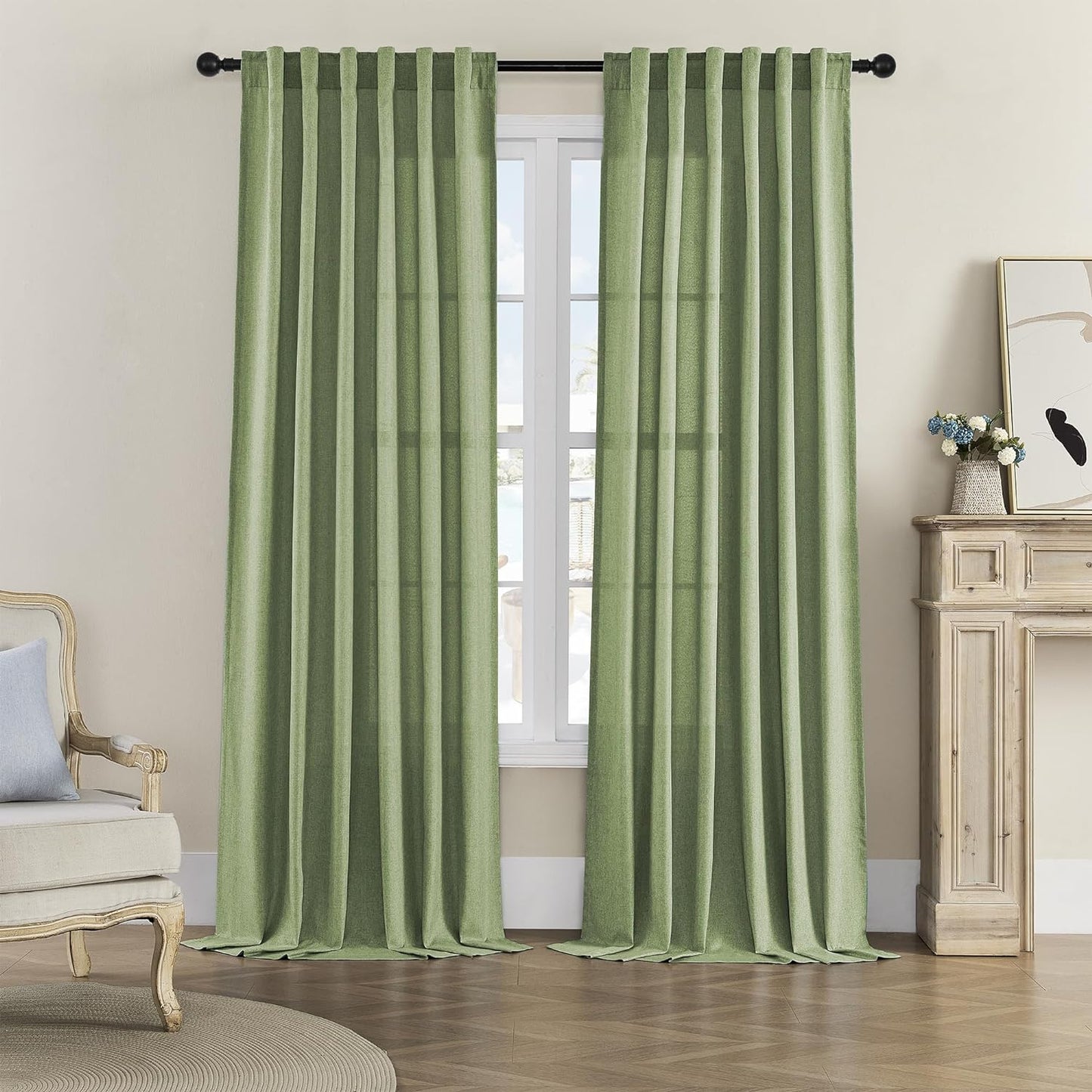 Linen Sheer Window Curtains, Rod Pocket & Back Tab Modern Semi Sheer Panels Privacy with Light Filter Linen Drapes for Sliding Glass Door/Living Room, W60 X L84, 2 Pieces  DONREN Sage 50X120 