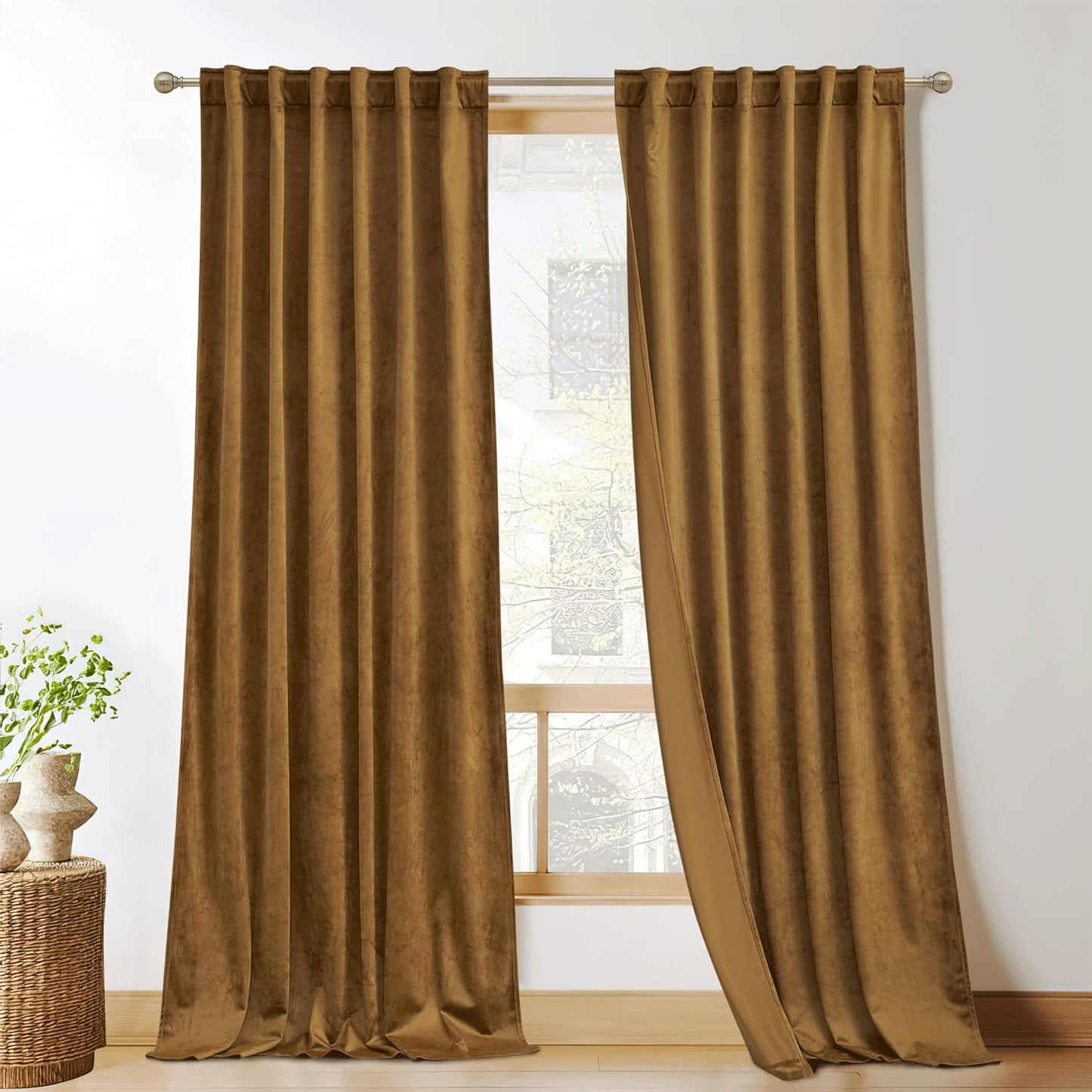 KGORGE Green Velvet Curtains 84 Inches Super Soft Room Darkening Thermal Insulating Window Curtains & Drapes for Bedroom Living Room Backdrop Holiday Christmas Decor, Hunter Green, W 52 X L 84, 2 Pcs  KGORGE Gold Brown W 52 X L 96 