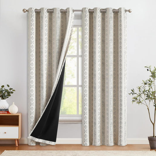 COLLACT 100% Boho Blackout Curtains for Bedroom 84 Inch Length Black on Beige Geometric Stripe Pattern Curtains for Living Room Thermal Insulated Room Darkening Drapes Grommet Window Curtains 2 Panels  COLLACT A1 | Black On Beige W52 X L84 