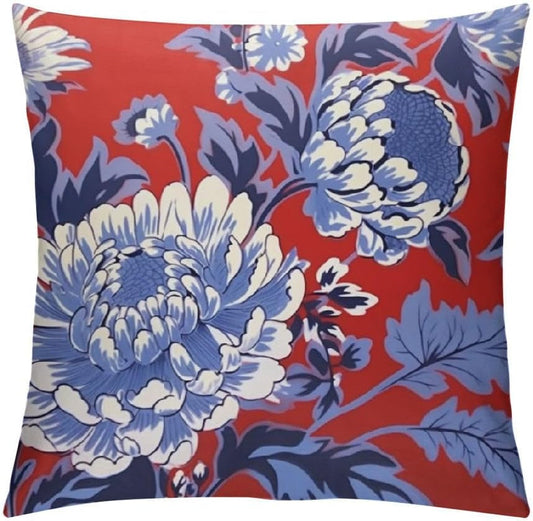 Thibaut Honshu Red and Blue Chinoiserie Floral Decorative Pillow Cover Dot Cushion Cover Vintage Farmhouse Pillow Modern Home Decor Toss Pillow