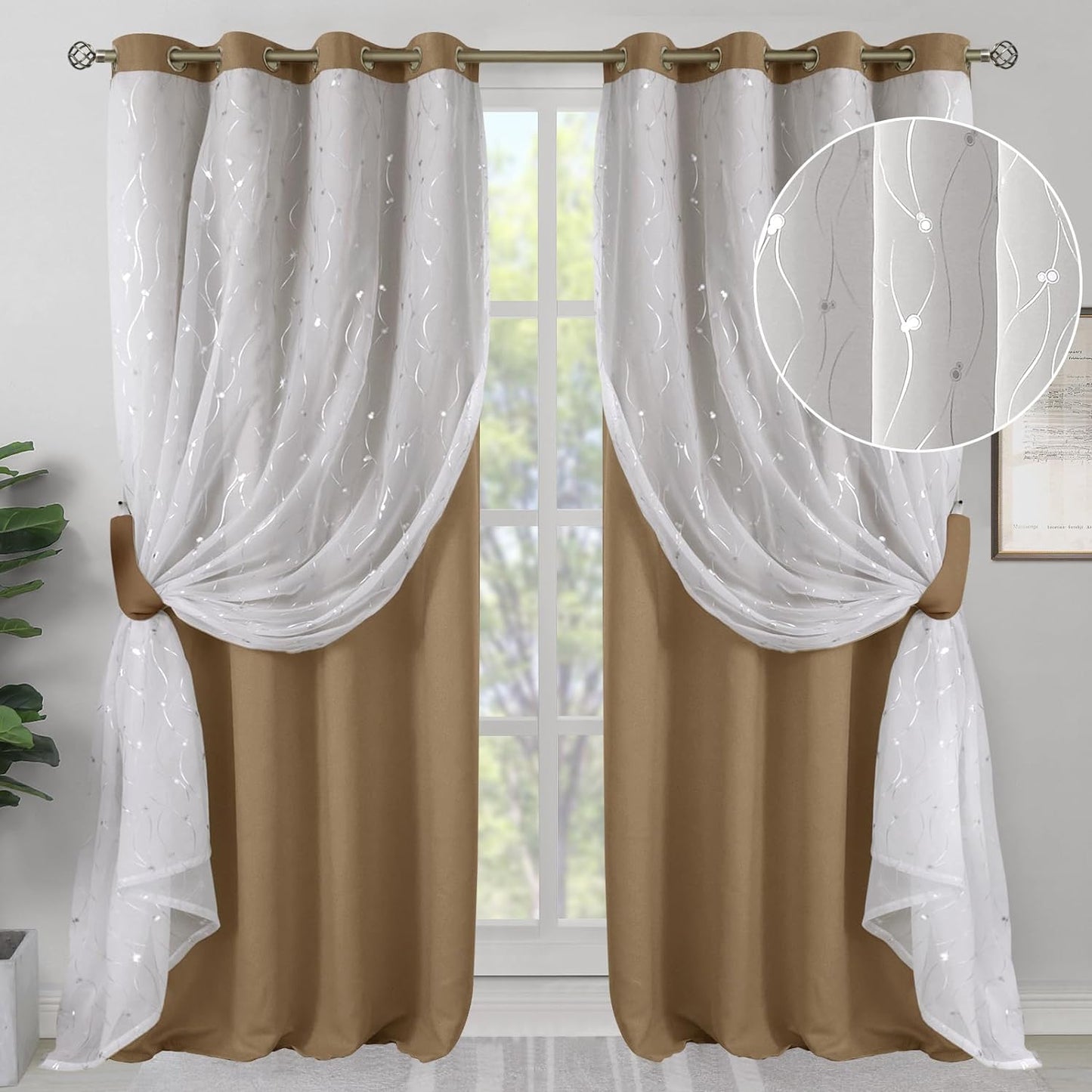 Bgment Grey Blackout Curtains with Sheer Overlay 84 Inches Long，Double Layer Silver Printed Kids Curtains Grommet Thermal Insulated Window Drapes for Living Room, 2 Panel, 52 X 84, Dark Grey  BGment Taupe 52W X 95L 