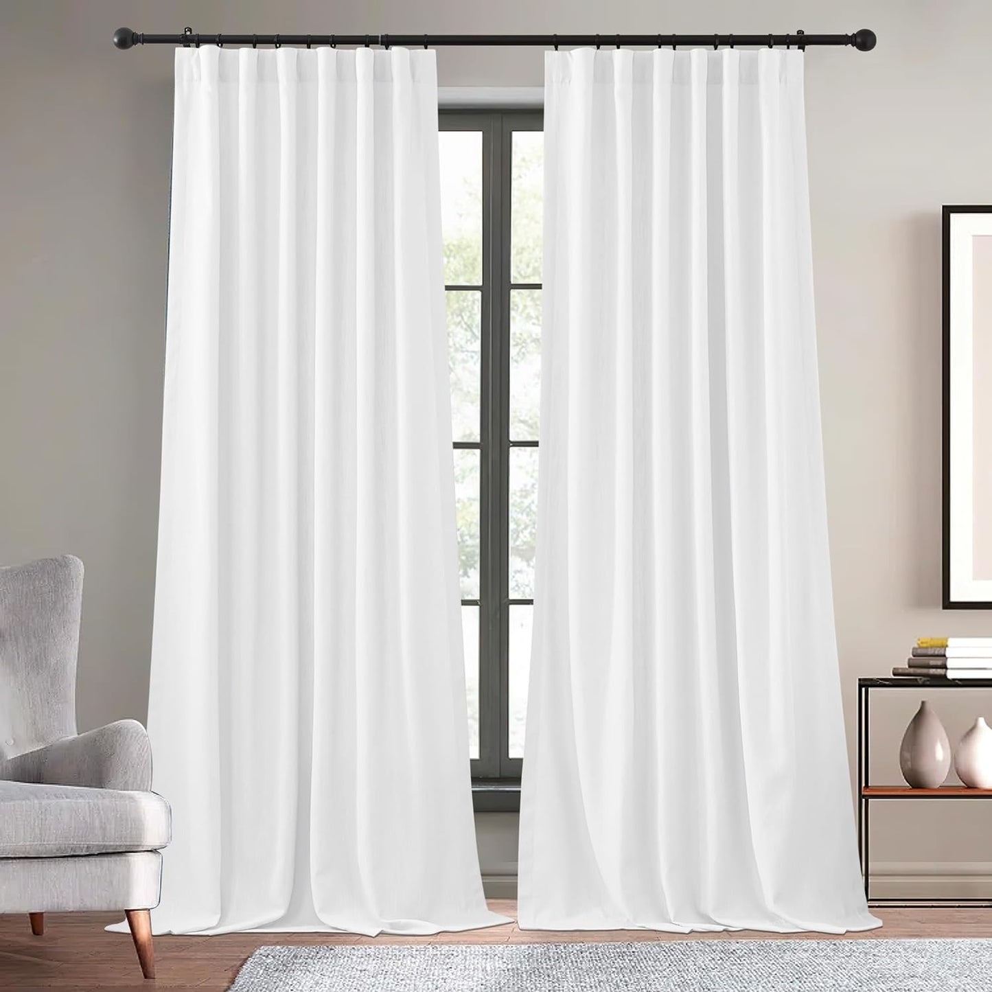 KGORGE Thick Faux Linen Weave Textured Curtains for Bedroom Light Filtering Semi Sheer Curtains Farmhouse Decor Pinch Pleated Window Drapes for Living Room, Linen, W 52" X L 96", 2 Pcs  KGORGE Pure White W 52 X L 120 | Pair 