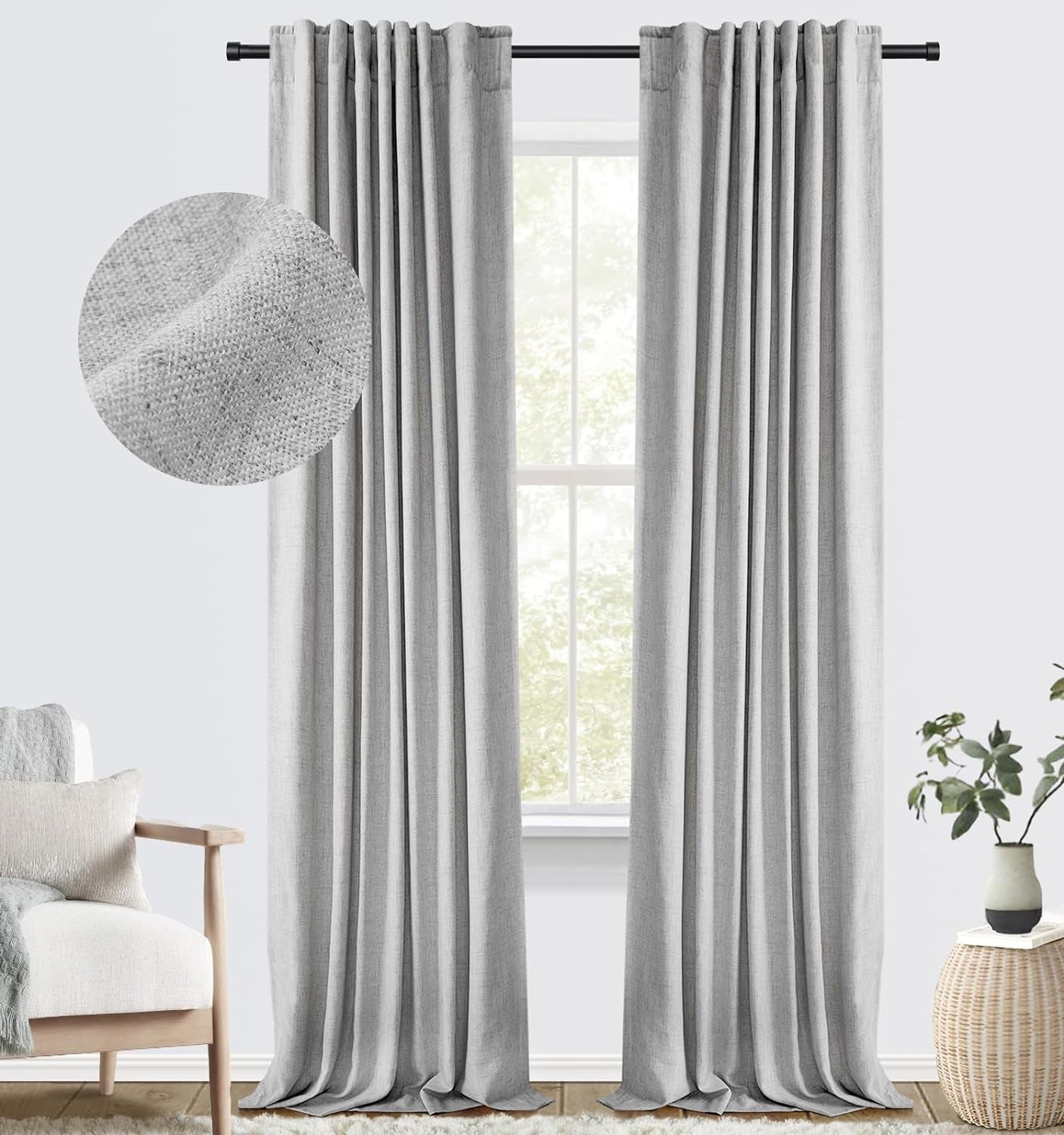 100% Blackout Shield Blackout Curtains for Bedroom Faux Linen Black Out Curtains 84 Inch Length 2 Panels Set, Back Tab/Rod Pocket Thermal Insulated Curtains with Black Liner, 50W X 84L, Dark Grey  100% Blackout Shield 07 Grey 50''W X 108''L 