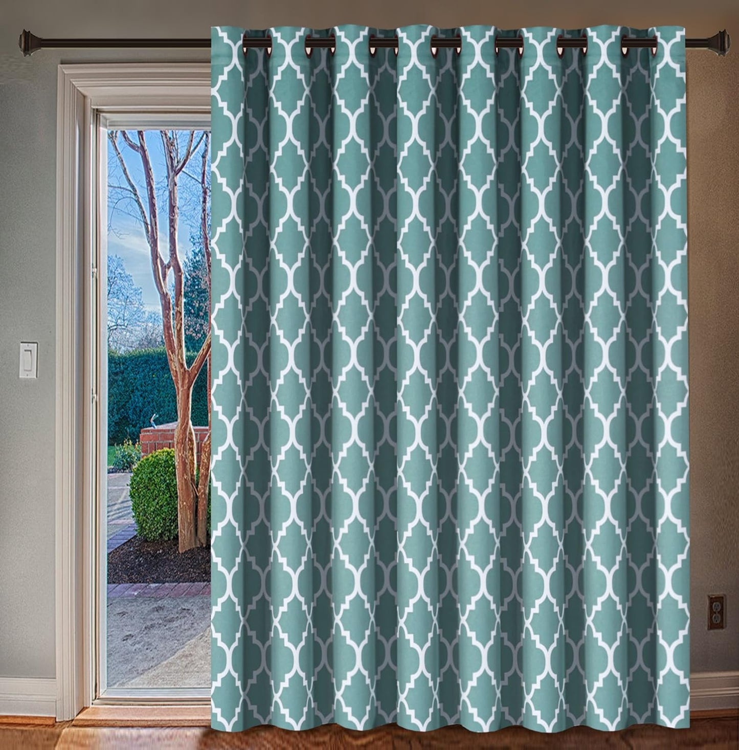 H.VERSAILTEX Extra Wide Blackout Curtain 100X84 Inches Thermal Insulated Curtain for Sliding Glass Door -Grommet Top Patio Door Curtain - Moroccan Tile Quatrefoil Pattern, Dove and White  H.VERSAILTEX Teal  White 100"W X 96"L 