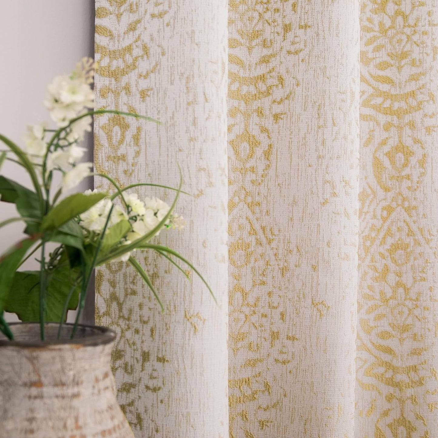 Off White Curtains 84 Inches Long for Bedroom Grommet Tone on Tone Design 3D Jacquard Embossed Damask Moroccan Pattern 50% Blackout Drapes for Living Room 84 Inch Length 2 Panels Set Cream  MRS.NATURALL TEXTILE Gold 52X84 
