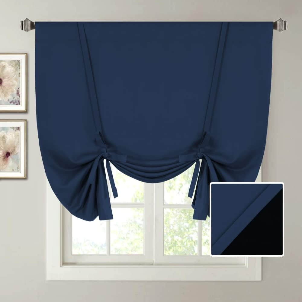 H.VERSAILTEX 100% Blackout Tie up Curtains for Bedroom Thermal Insulated Kitchen Curtains 45 Inches Long Rod Pocket Blackout Curtains for Small Window / Bathroom with Black Liner, White 42"W X 45"L  H.VERSAILTEX Navy 42"W X 45"L 