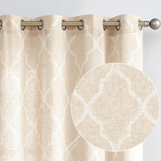 Jinchan Curtains Beige Linen Living Room Drapes Light Filtering Moroccan Tile Print Window Treatment for Bedroom Curtain Flax Textured Geometry Lattice Grommet Dining Room 96 Inch Length 2 Panels
