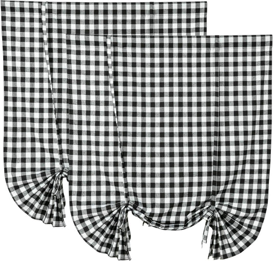 2 Pack Buffalo Check Plaid Tie up Shades Farmhouse Style Gingham Rod Pocket Window Curtain for Kitchen 42X63 Inches White and Black (White and Black)