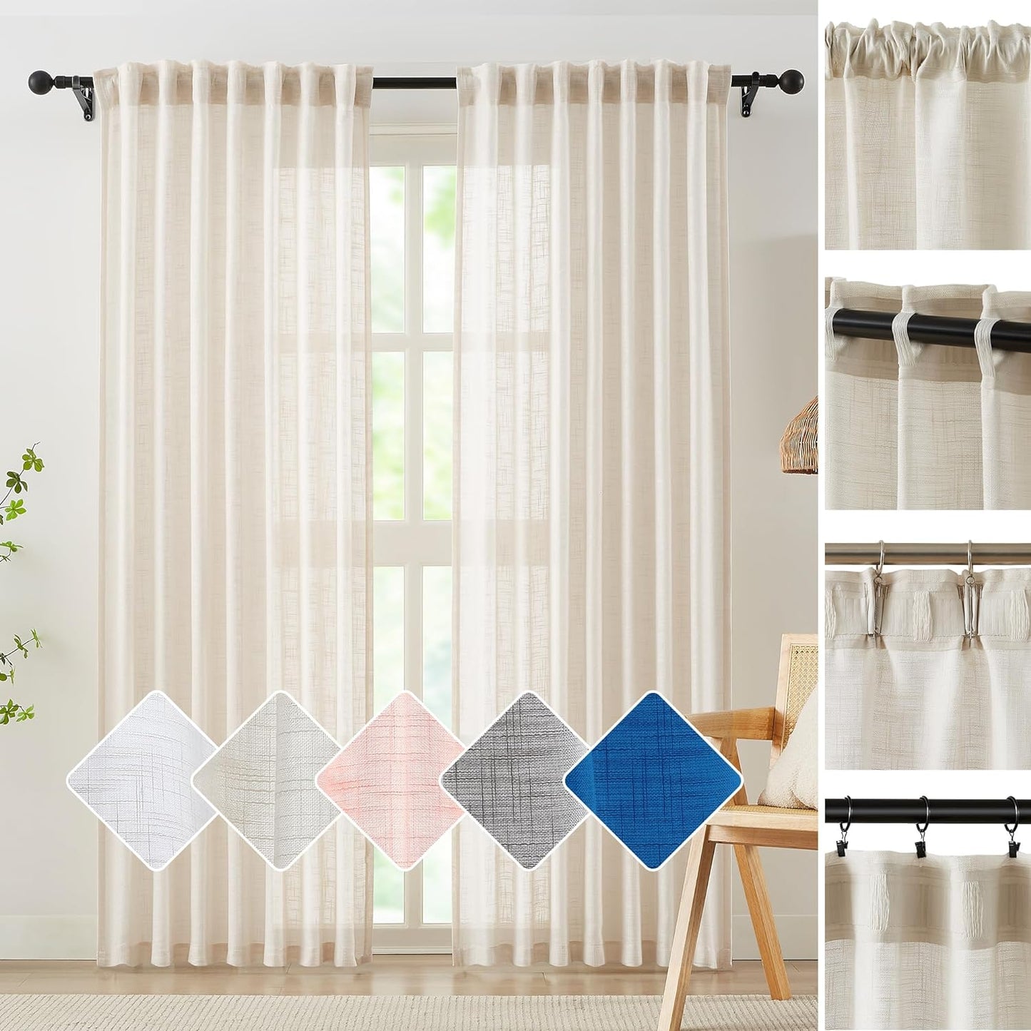 FMFUNCTEX Natural Semi-Sheer Curtains for Living Room Rich Linen Textured Look Window Curtain Draperies 52”W X63”L 2 Panels Grommet Top  Fmfunctex Multi Top - Natural (Linen Look) 52" X 84" 2Pcs 