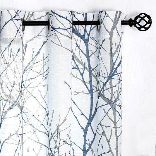 FMFUNCTEX Blue White Curtains for Kitchen Living Room 72“ Grey Tree Branches Print Curtain Set for Small Windows Linen Textured Semi-Sheer Drapes for Bedroom Grommet Top, 2 Panels  Fmfunctex Blue 50" X 45" |2Pcs 
