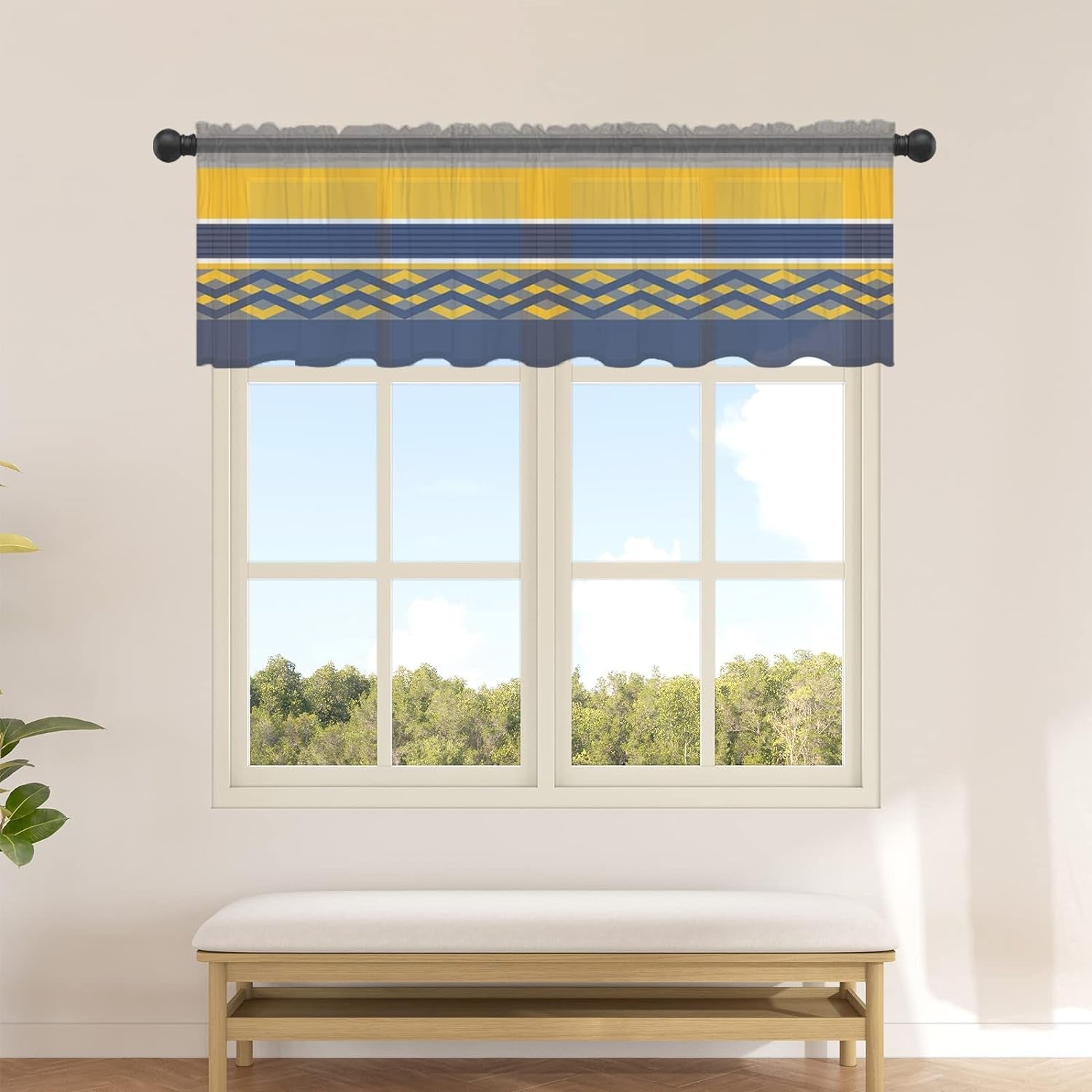 Modern Yellow Valance Curtains for Kitchen/Living Room/Bathroom/Bedroom Window,Rod Pocket Small Topper Half Short Window Curtains Voile Sheer Scarf, Modern Abstract Geometric Grey Navy Blue 54"X18"