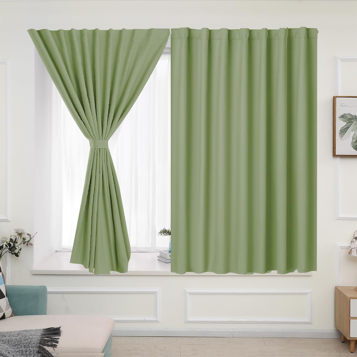 Muamar 2Pcs Blackout Curtains Privacy Curtains 63 Inch Length Window Curtains,Easy Install Thermal Insulated Window Shades,Stick Curtains No Rods, Black 42" W X 63" L  Muamar Sage Green 42"W X 63"L 