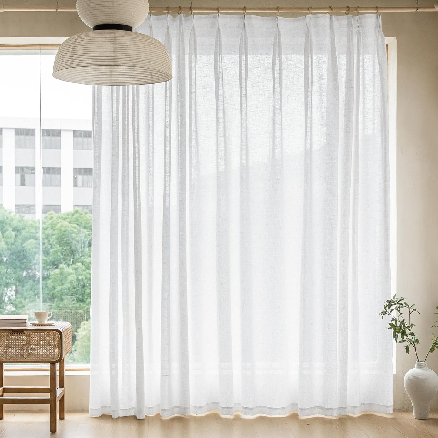 MAIHER Extra Wide Pinch Pleated Drapes 108 Inches Long, Faux Linen Light Filtering Semi Sheer Curtains with Hooks for Living Room Bedroom, Natural Linen (1 Panel, 100 W X 108 L)  MAIHER Beige White 100X96 