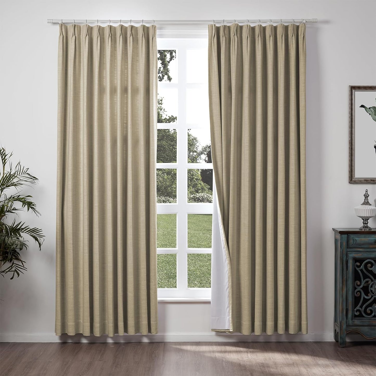 Chadmade 50" W X 63" L Polyester Linen Drape with Blackout Lining Pinch Pleat Curtain for Sliding Door Patio Door Living Room Bedroom, (1 Panel) Sand Beige Tallis Collection  ChadMade Taupe Grey (8) 100Wx84L 