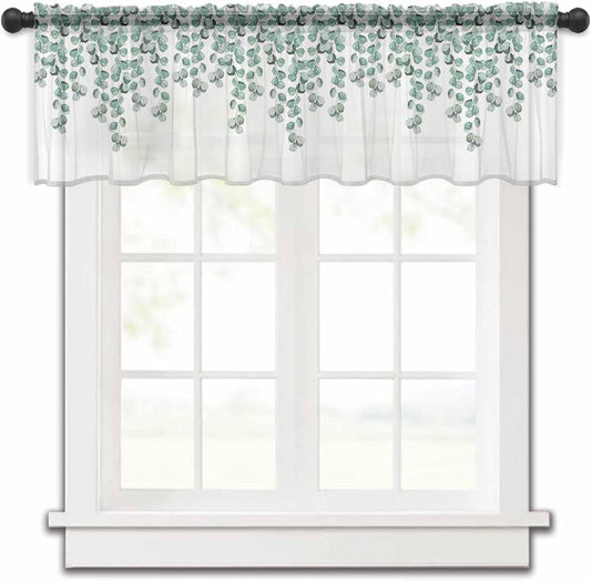 Green Eucalyptus Valance Curtains for Kitchen/Living Room/Bathroom/Bedroom Window,Rod Pocket Small Topper Half Short Window Curtains Voile Sheer Scarf, Watercolor Aesthetic Leaf Weeping Plant 42"X18"