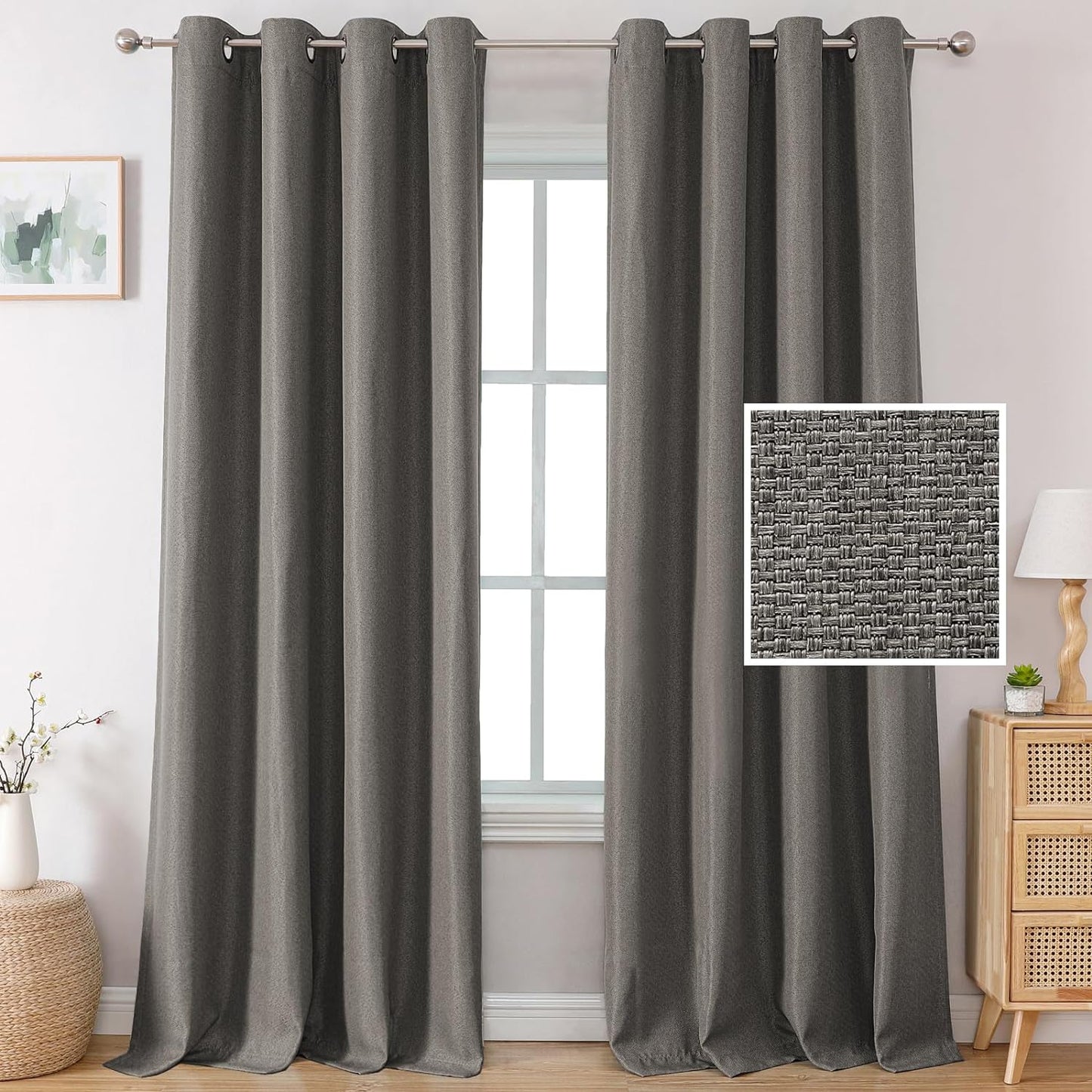 H.VERSAILTEX Linen Blackout Curtains 84 Inches Long Thermal Insulated Room Darkening Linen Curtains for Bedroom Textured Burlap Grommet Window Curtains for Living Room, Bluestone and Taupe, 2 Panels  H.VERSAILTEX Taupe Gray 52"W X 96"L 