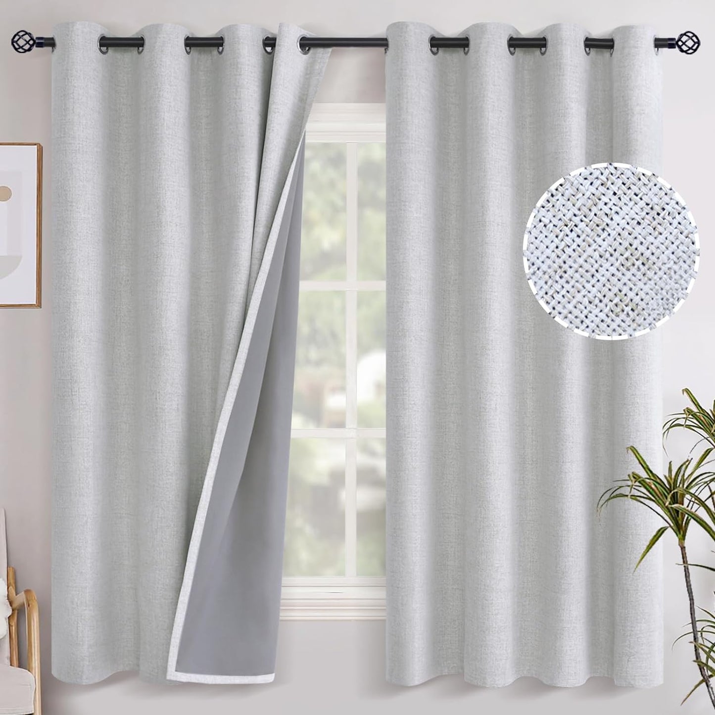 Youngstex Linen Blackout Curtains 63 Inch Length, Grommet Darkening Bedroom Curtains Burlap Linen Window Drapes Thermal Insulated for Basement Summer Heat, 2 Panels, 52 X 63 Inch, Beige  YoungsTex Linen 52W X 63L 