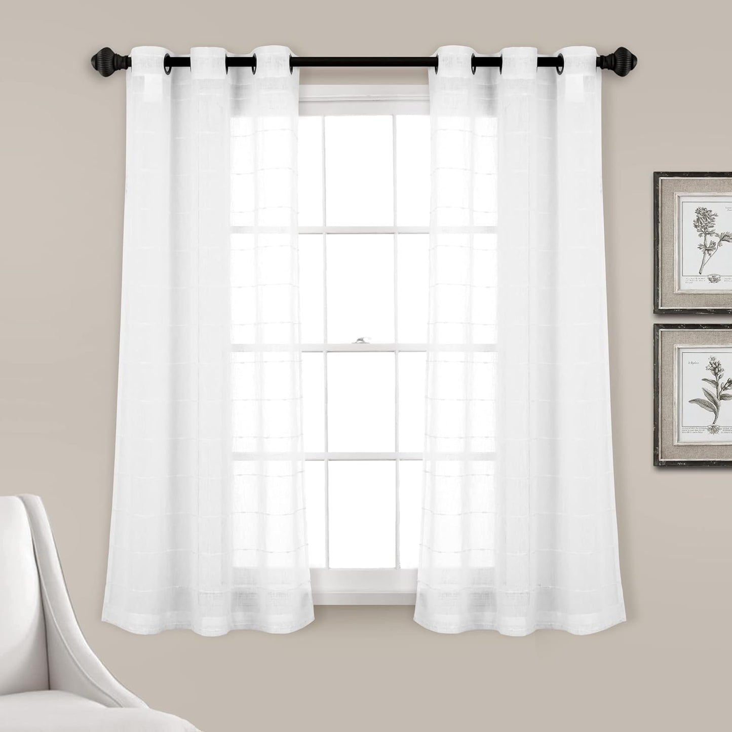 Lush Decor Farmhouse Textured Grommet Sheer Window Curtain Panel Pair, 38"W X 95"L, Gray  Triangle Home Fashions Bleach White Grommet Pair 38"W X 63"L