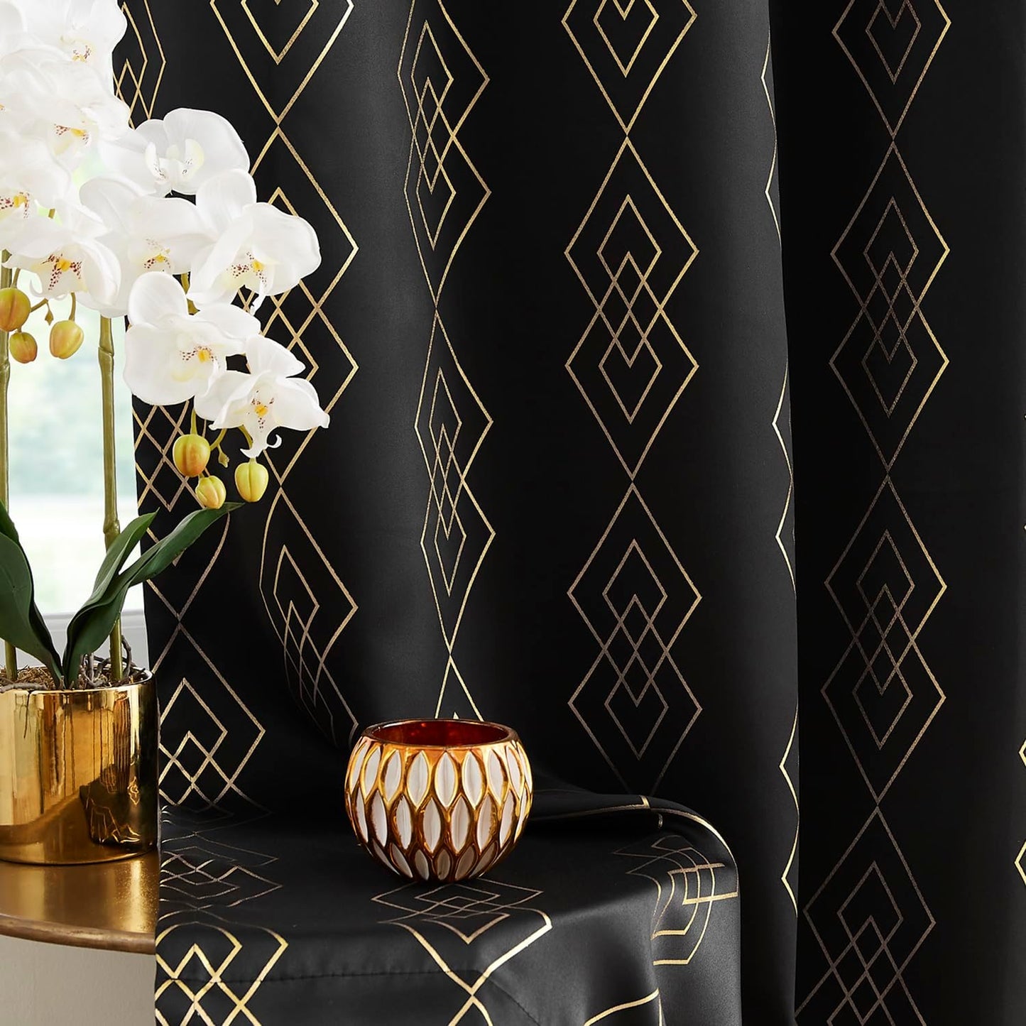 Metallic Geo Blackout Curtain Panels for Bedroom Thermal Insulated Light Blocking Foil Trellis Moroccan Window Treatments Diamond Grommet Drapes for Living-Room, Set of 2, 50" X 84", Beige/Gold  ugoutry Geometric Black 50"X63"X2 