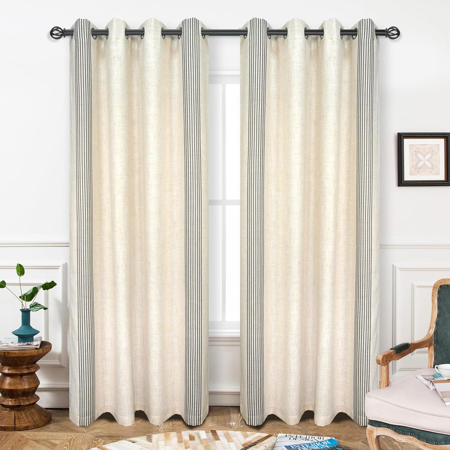 Driftaway Chris Vertical Striped Pattern Linen Blend Lined Thermal Insulated Blackout and Room Darkening Grommet Linen Curtains for Farmhouse Printed 2 Panels 52 Inch by 96 Inch Jean Navy Curtain  DriftAway Cabana Gray 52"X84" 