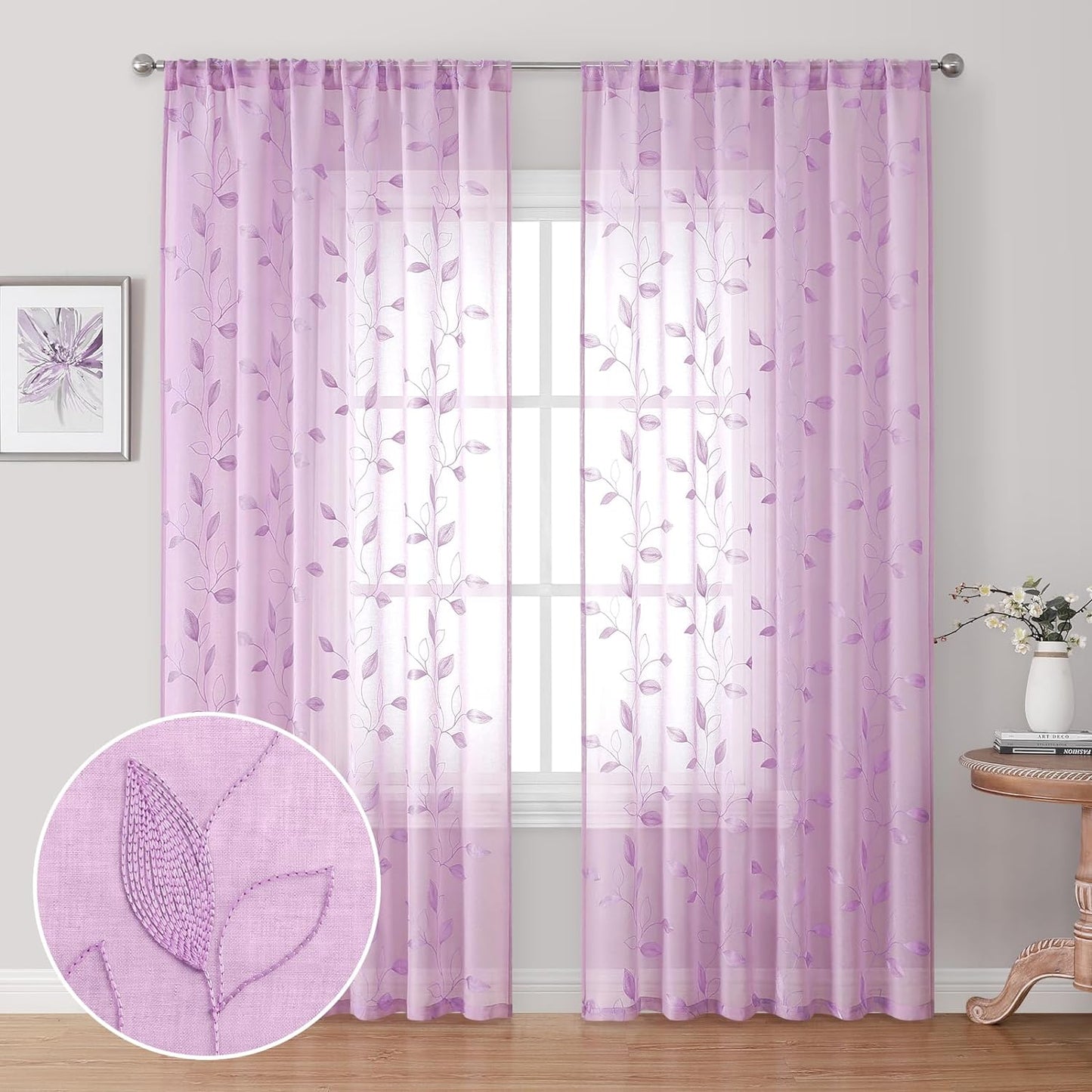 HOMEIDEAS Sage Green Sheer Curtains 52 X 63 Inches Length 2 Panels Embroidered Leaf Pattern Pocket Faux Linen Floral Semi Sheer Voile Window Curtains/Drapes for Bedroom Living Room  HOMEIDEAS Purple W52" X L96" 