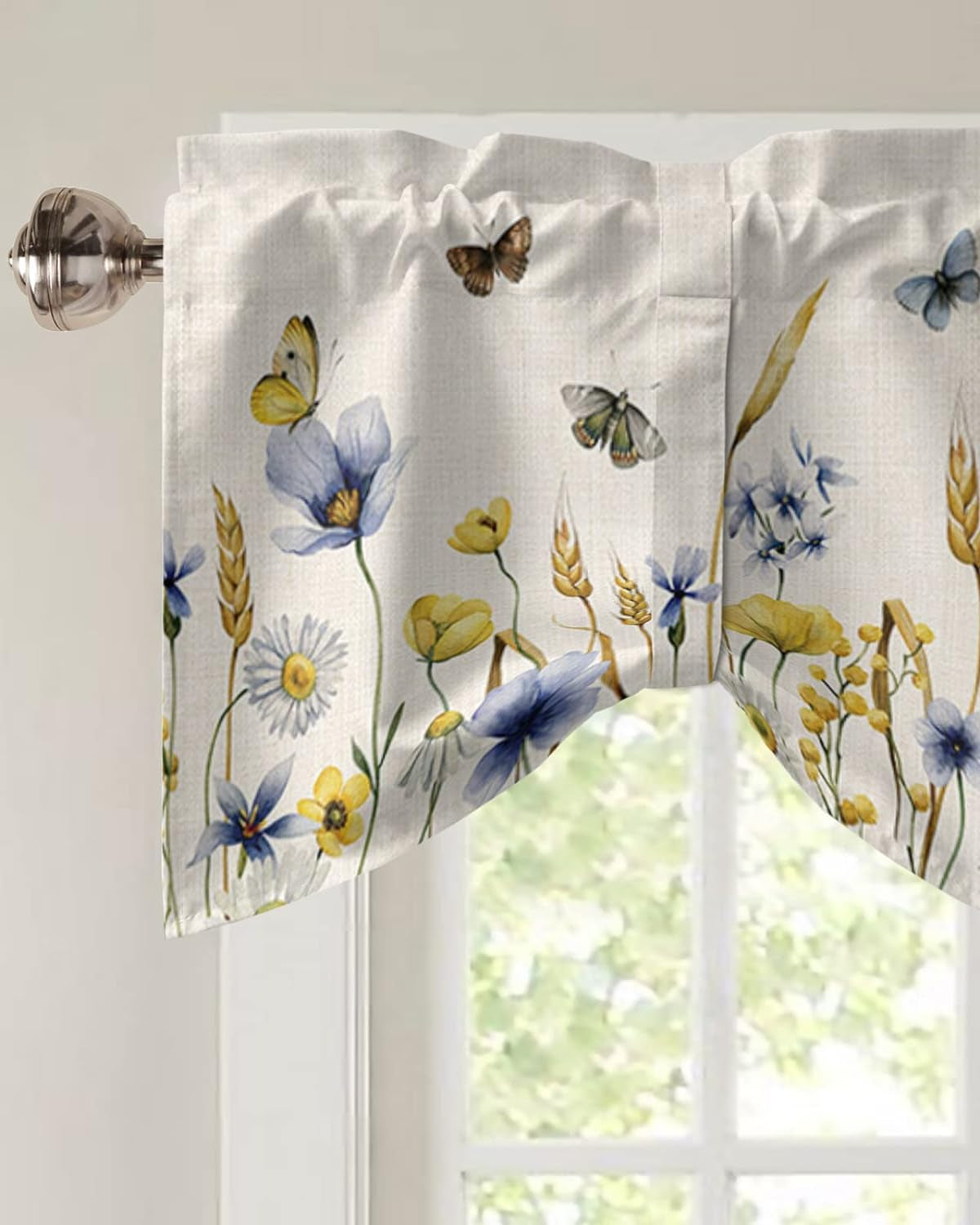 Butter-Fly Leaves Tie up Valance Curtain for Kitchen Living Room Bedroom Bathroom Cafe,Rod Pocket Short Window Drape Panel Adjustable Drapary Print,Elegant Fall Yellow Blue Yellow Daisy Beige 54"X18"