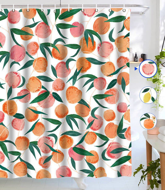 Peach Shower Curtain, Allover Fruits Cute Bright Colorful Design Waterproof Fabric Bathroom Curtains Set with 12 Hooks, Peachy Pink 72×72 Inch