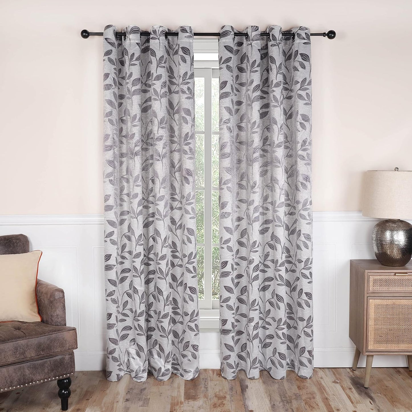 Superior Blackout Curtains, Room Darkening Window Accent for Bedroom, Sun Blocking, Thermal, Modern Bohemian Curtains, Leaves Collection, Set of 2 Panels, Rod Pocket - 52 in X 63 In, Nickel Black  Home City Inc. White-Grey 52 In X 108 In (W X L) 