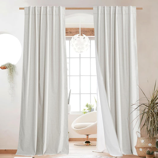 NICETOWN 100% Blackout Linen Curtains for Living Room with Thermal Insulated White Liner, Ivory, 52" Wide, 2 Panels, 84" Long Drapes, Back Tab Retro Linen Curtains Vertical Drapes Privacy for Bedroom  NICETOWN Ivory W52 X L84 