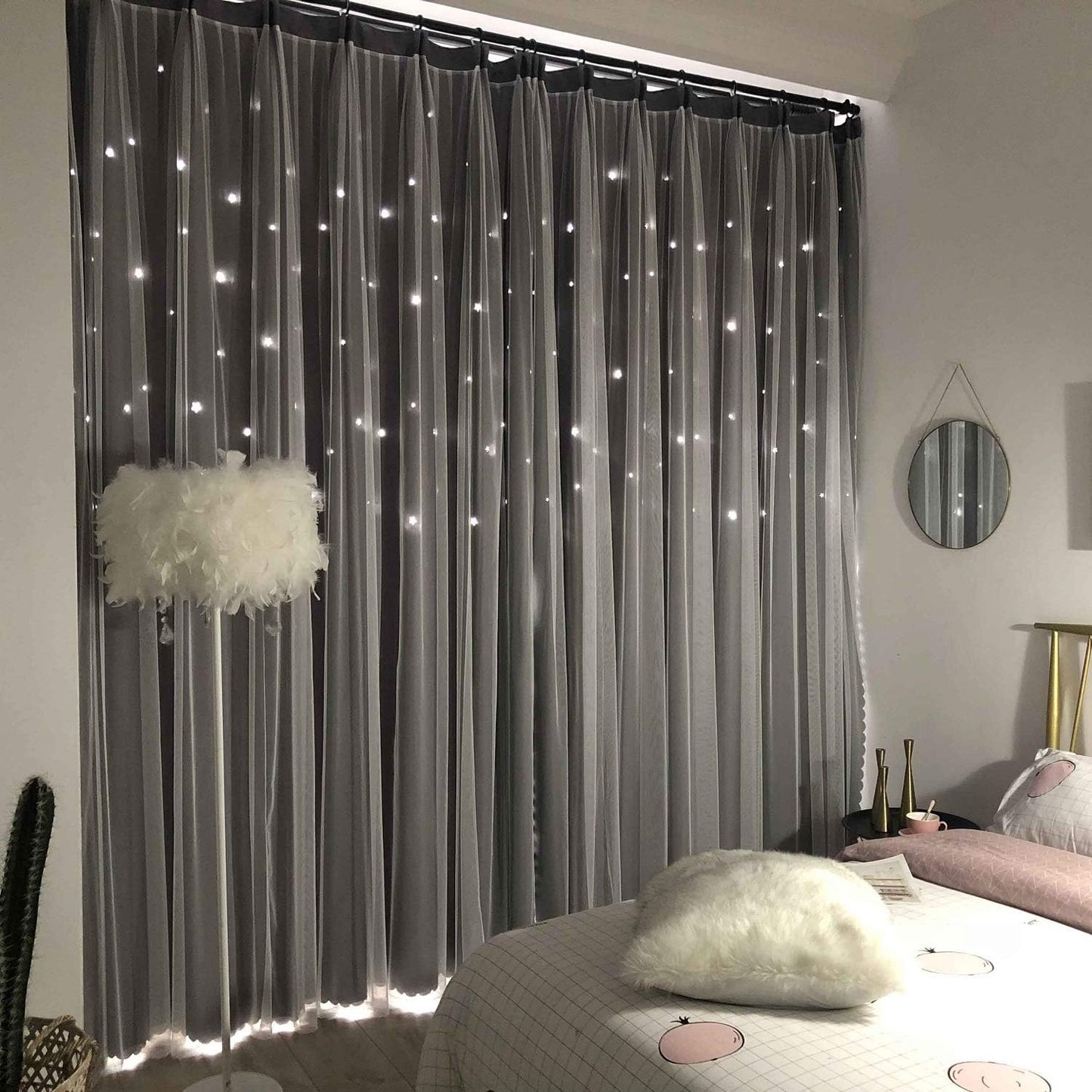 UNISTAR 2 Panels Stars Blackout Curtains for Bedroom Girls Kids Baby Window Decoration Double Layer Star Cut Out Aesthetic Living Room Decor Wall Home Curtain,W52 X L63 Inches,Pink  UNISTAR 2Panels 丨Double-Layer,Grey 95.00" X 52.00" 