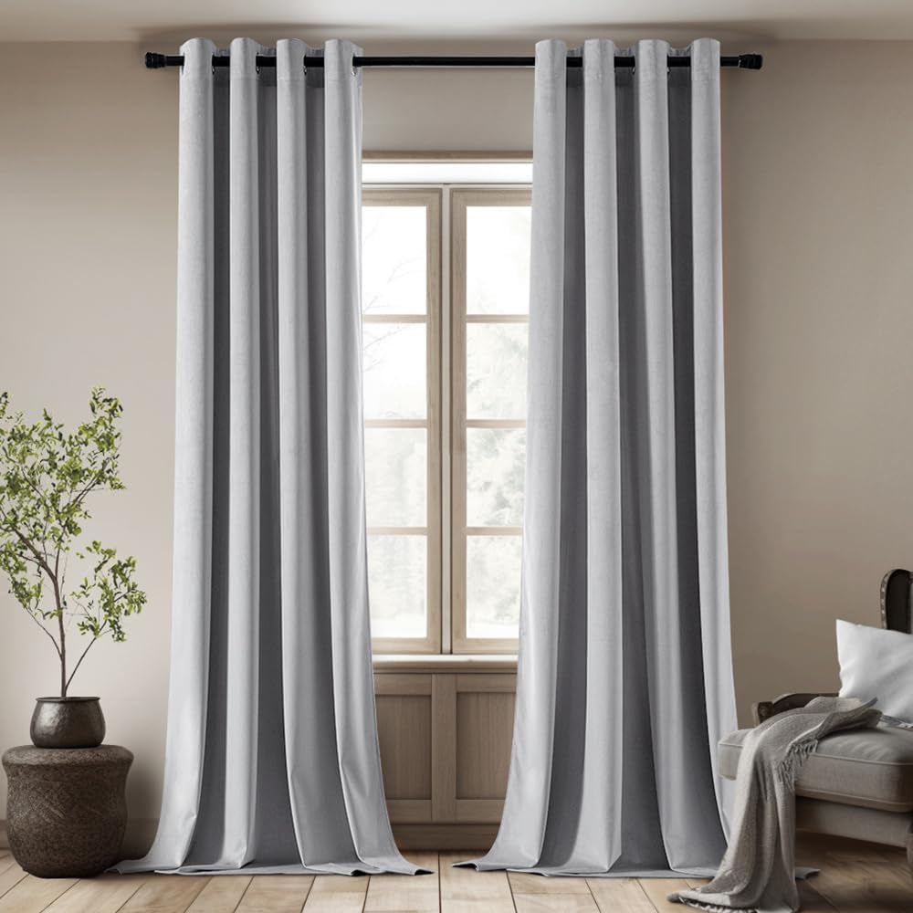 EMEMA Olive Green Velvet Curtains 84 Inch Length 2 Panels Set, Room Darkening Luxury Curtains, Grommet Thermal Insulated Drapes, Window Curtains for Living Room, W52 X L84, Olive Green  EMEMA Velvet/ Greyish White W52" X L96" 