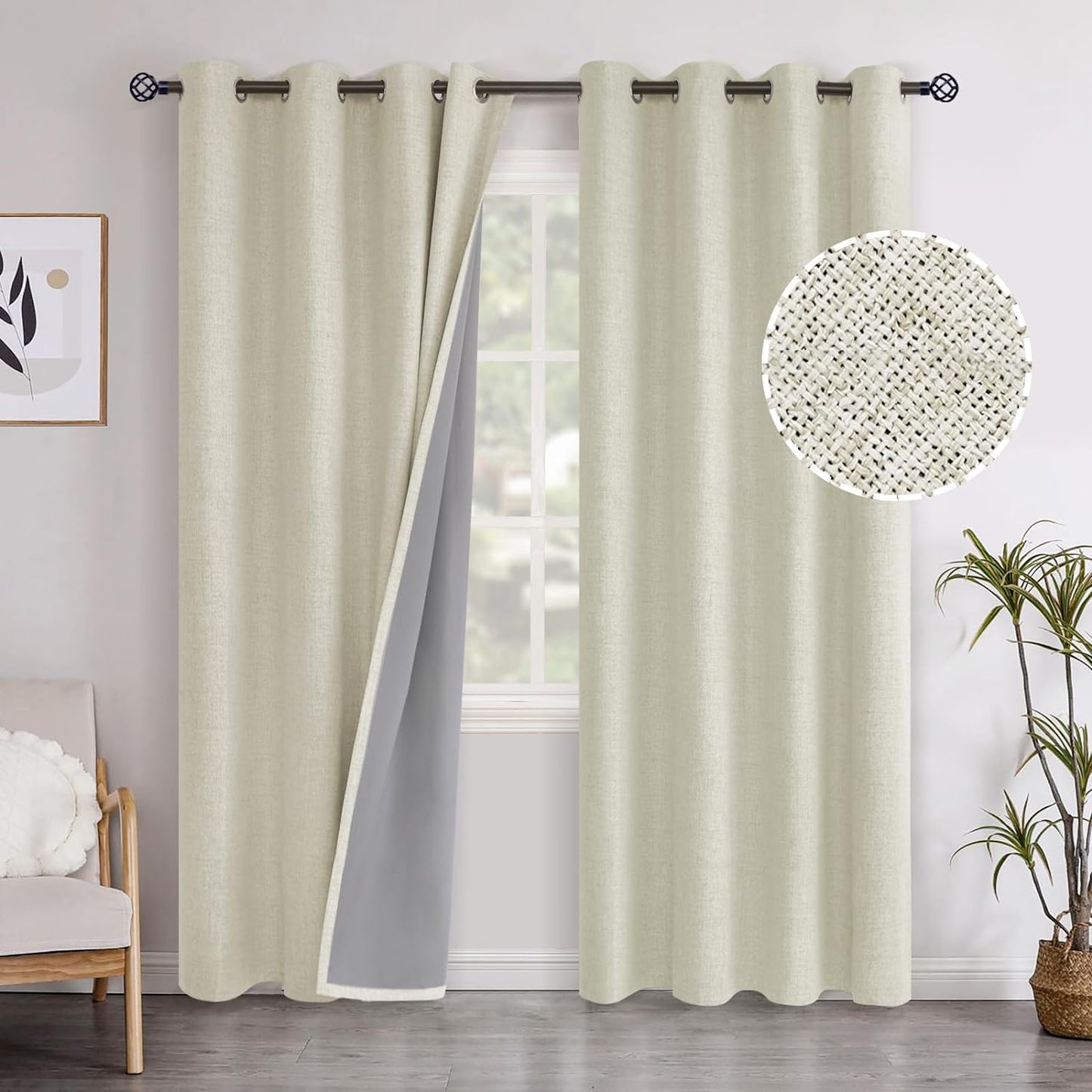 Youngstex Linen Blackout Curtains 63 Inch Length, Grommet Darkening Bedroom Curtains Burlap Linen Window Drapes Thermal Insulated for Basement Summer Heat, 2 Panels, 52 X 63 Inch, Beige  YoungsTex Cream 52W X 95L 