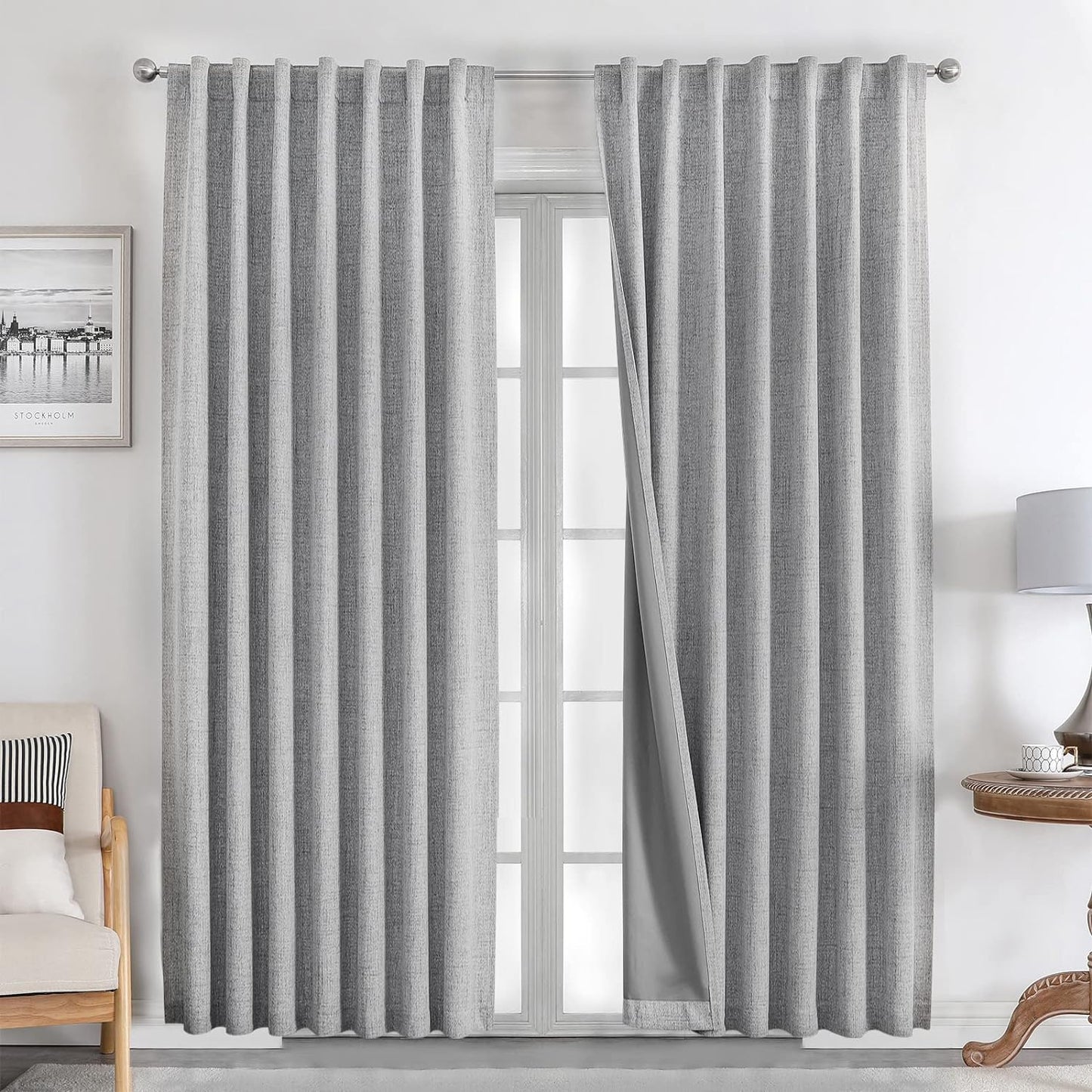 Joydeco 100% Black Out Curtains 96 Inch Long 1 Panels Burg Natural Blackout Linen Drapes for Bedroom Living Room Darkening Curtain Thermal Insulated Back Tab Rod Pocket(70X96 Inch,Black)  Joydeco Light Grey 37W X 84L Inch X 2 Panels 