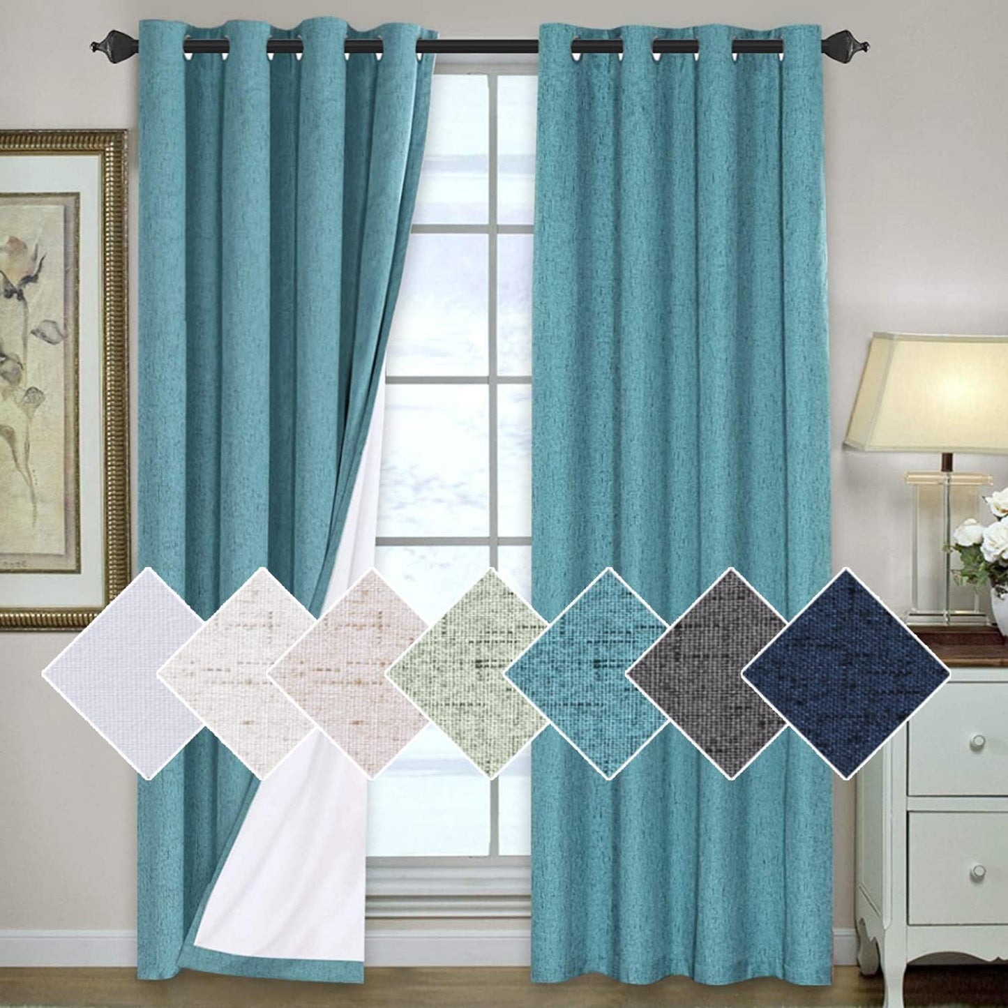 H.VERSAILTEX 100% Blackout Curtains for Bedroom Thermal Insulated Linen Textured Curtains Heat and Full Light Blocking Drapes Living Room Curtains 2 Panel Sets, 52X84 - Inch, Natural  H.VERSAILTEX Teal Blue 2 Panel - 52"W X 108"L 