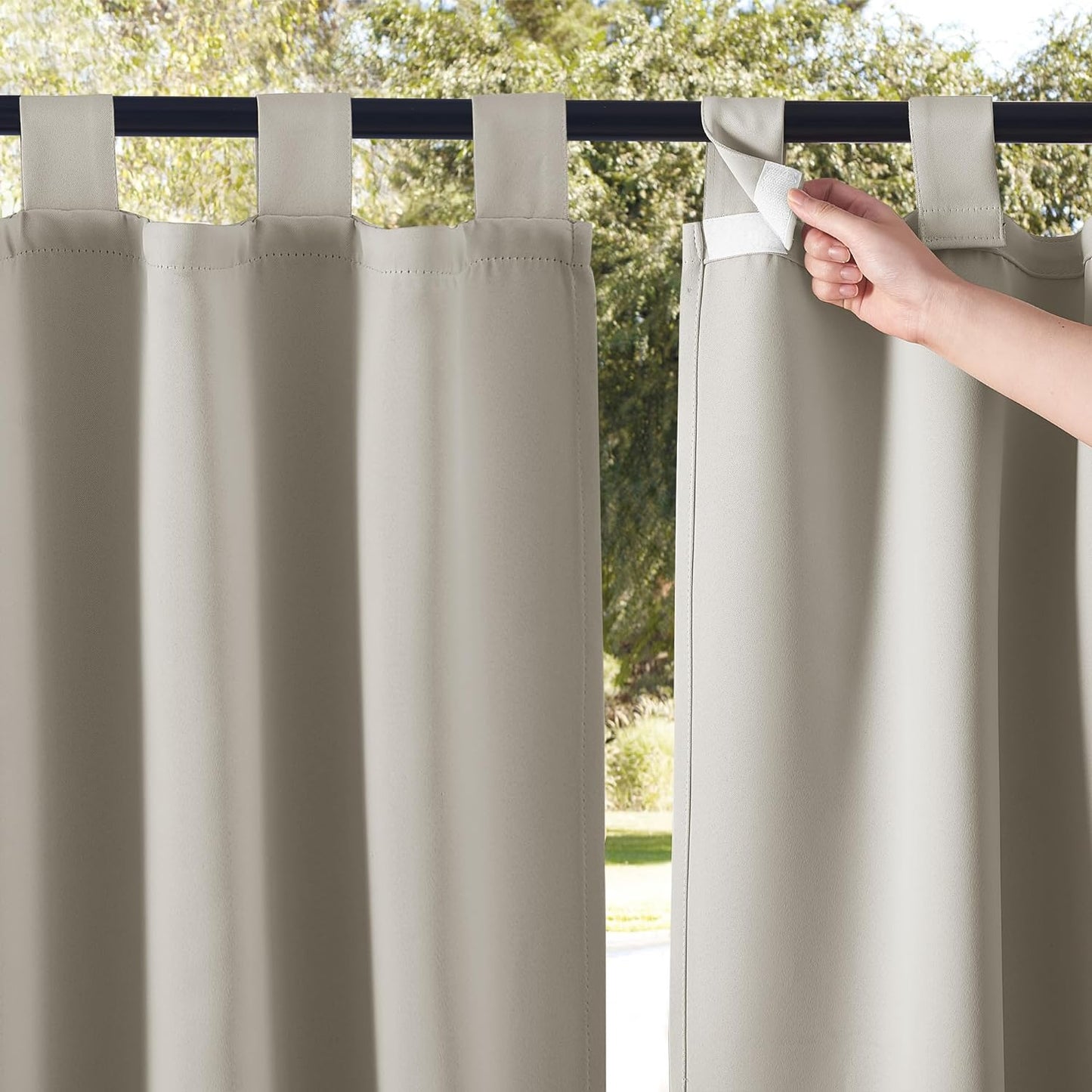 NICETOWN 2 Panels Outdoor Patio Curtainss Waterproof Room Darkening Drapes, Detachable Sticky Tab Top Thermal Insulated Privacy Outdoor Dividers for Porch/Doorway, Biscotti Beige, W52 X L84  NICETOWN Natural W52 X L108 